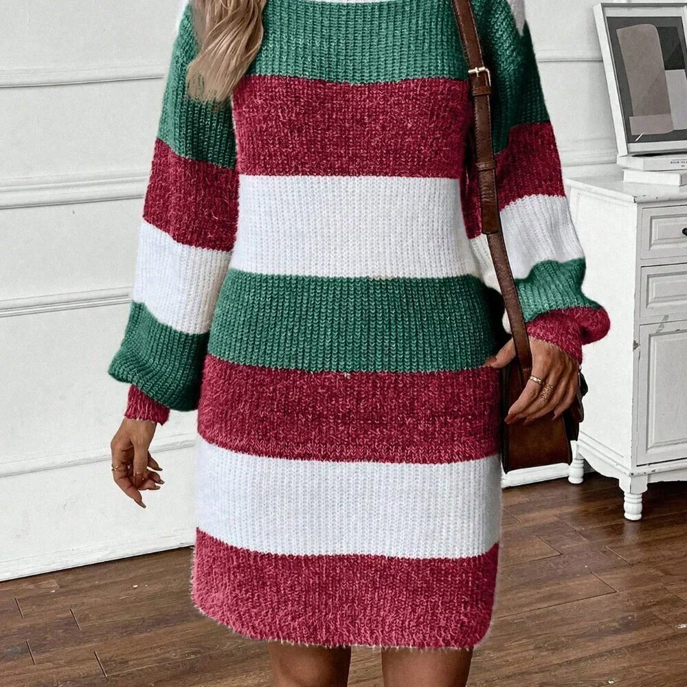 Multicolor Casual Women's Color lock Striped Lantern Sleeve Sweater Dress